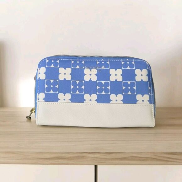 Isaac Mizrahi New York Floral Cosmetic Pouch Wallet 8 1/4In X 5In Blue / White - Picture 1 of 7